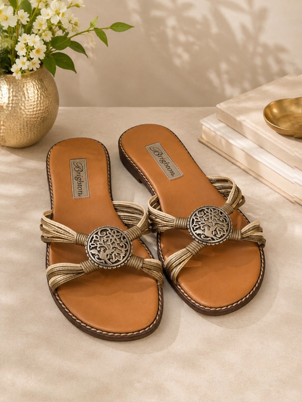 Brighton Ornate Gold Bronze Silver Leather Slide Sandals Size 8.5